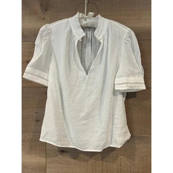 NEW Frame white Linen-Blend Ruffle-Trimmed Top Size XS